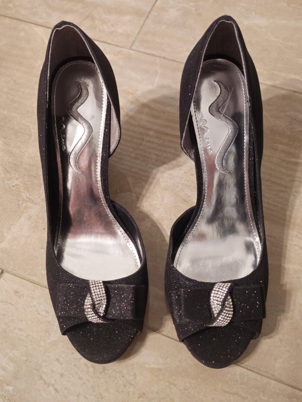 Nina Black Glitter Open-Toe Heels with Rhinestone Bow